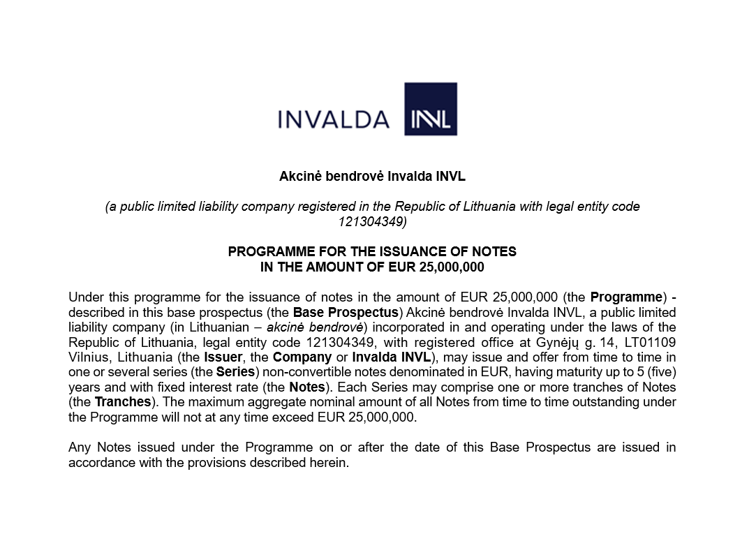 Approved base prospectus of Invalda INVL for a debt securities offering